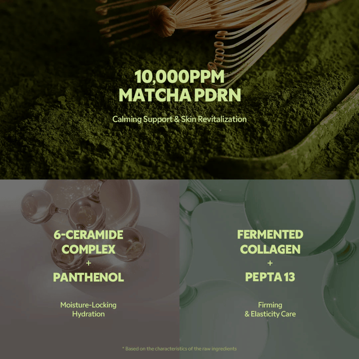 Matcha PDRN 10.000 ppm in TIRTIR Matcha Calming Cream die irritatie kalmeert, de huid versterkt en een revitaliserend effect geeft.