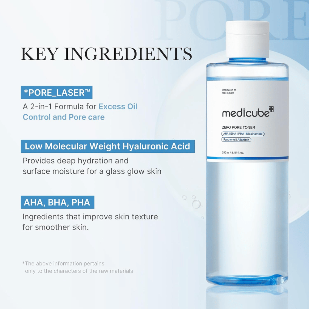 Medicube Zero Pore Toner met AHA, BHA, PHA en hyaluronzuur. Ingrediëntenoverzicht voor hydratatie, een egalere huidstructuur en poriën.