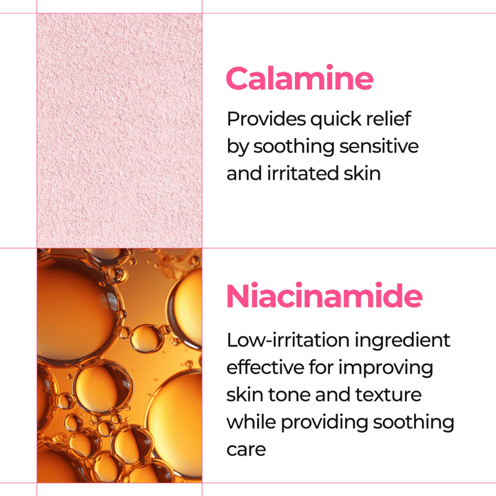 Close-up van calamine en niacinamide die de gevoelige huid kalmeren in Dr. Melaxin Melting Cleanser