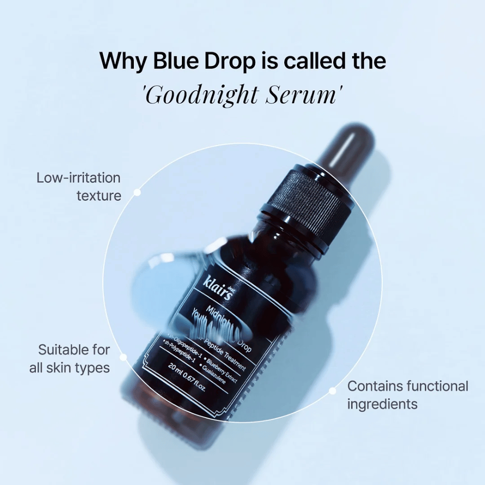 Klairs Midnight Blue Youth Activating Drop, ook wel 'Goodnight Serum' genoemd, in een elegante zwarte fles met pipet. Tekst op de afbeelding benadrukt de lage irriterende textuur, functionele ingrediënten en geschiktheid voor alle huidtypes.