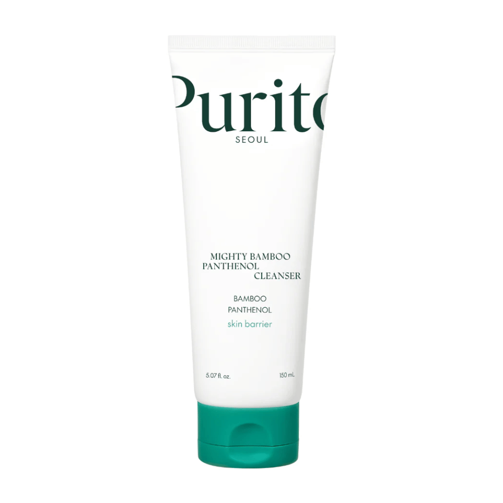 Purito Mighty Bamboo Panthenol Cleanser – een milde, veganistische gezichtsreiniger met bamboe en panthenol die de huidbarrière versterkt en reinigt zonder uit te drogen.