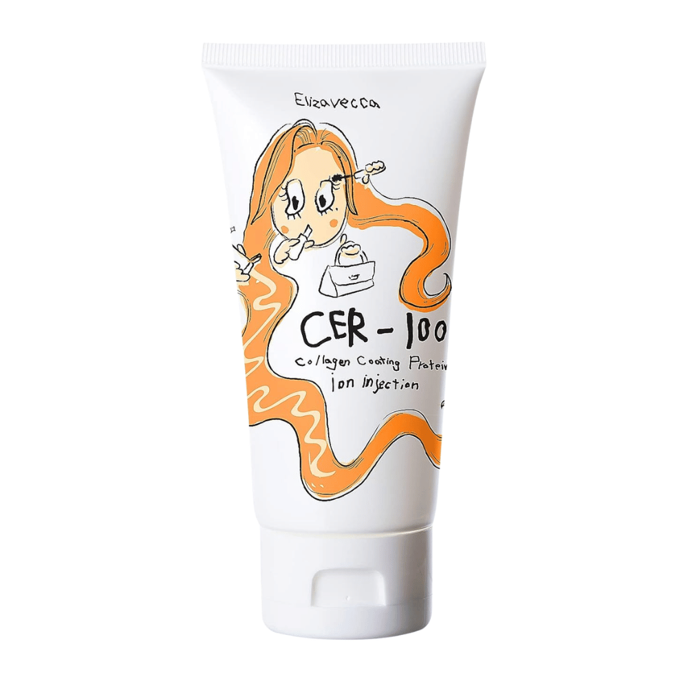 Productafbeelding van Elizavecca CER-100 Collagen Coating Protein Ion Injection met geïllustreerd ontwerp en oranje details.