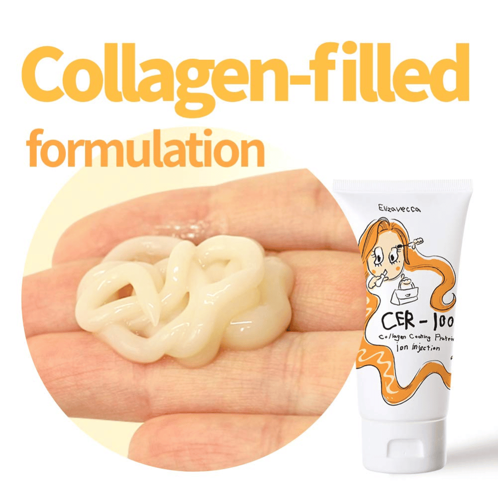 Close-up van romige haarbehandeling met collageenformule samen met producttube van Elizavecca.