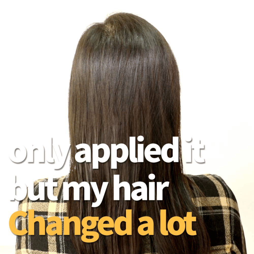 Voor- en nafoto die zachter en glanzender haar laat zien na gebruik van de haarbehandeling.