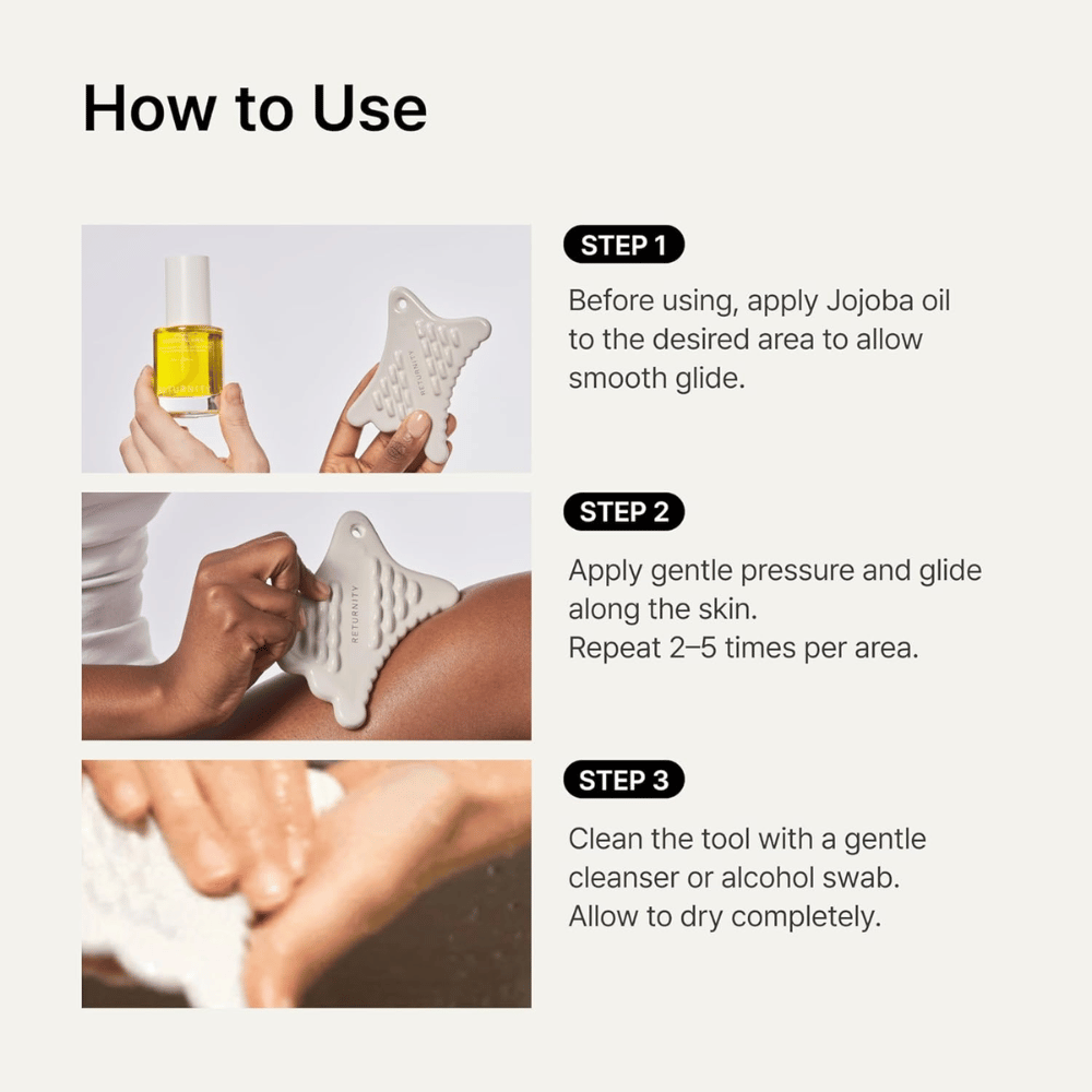 Instructieafbeelding die laat zien hoe RETURNITY Mini Guasha samen met jojobaolie wordt gebruikt voor een soepele massage en reiniging na gebruik.