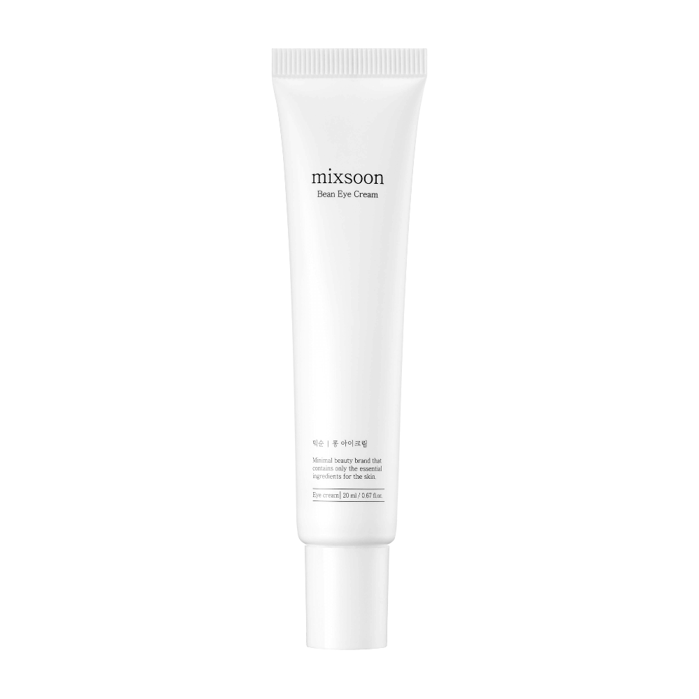 Een witte tube oogcrème van Mixsoon, gemarkeerd 'Bean Eye Cream', tegen een geheel witte achtergrond.