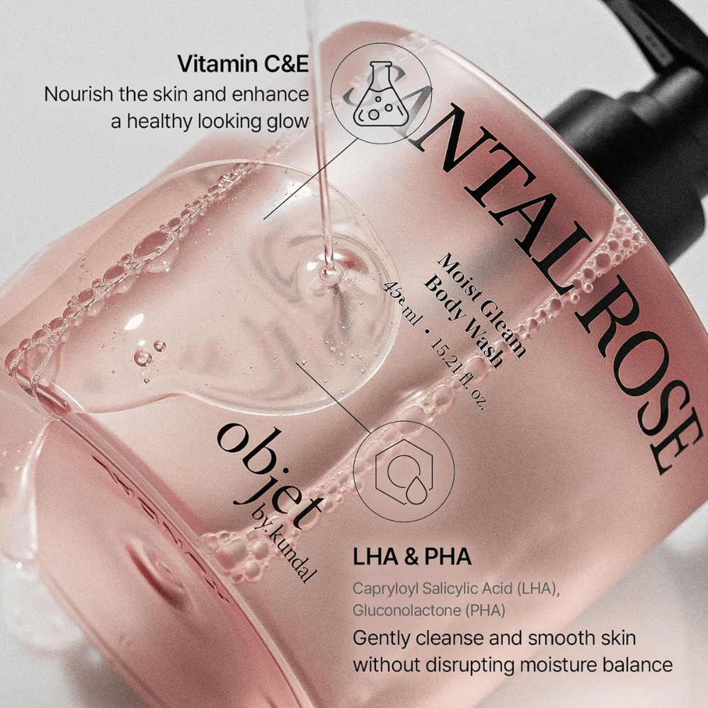 Objet by KUNDAL Santal Rose Moist Gleam Body Wash met vitamine C en E en exfoliërende LHA en PHA.