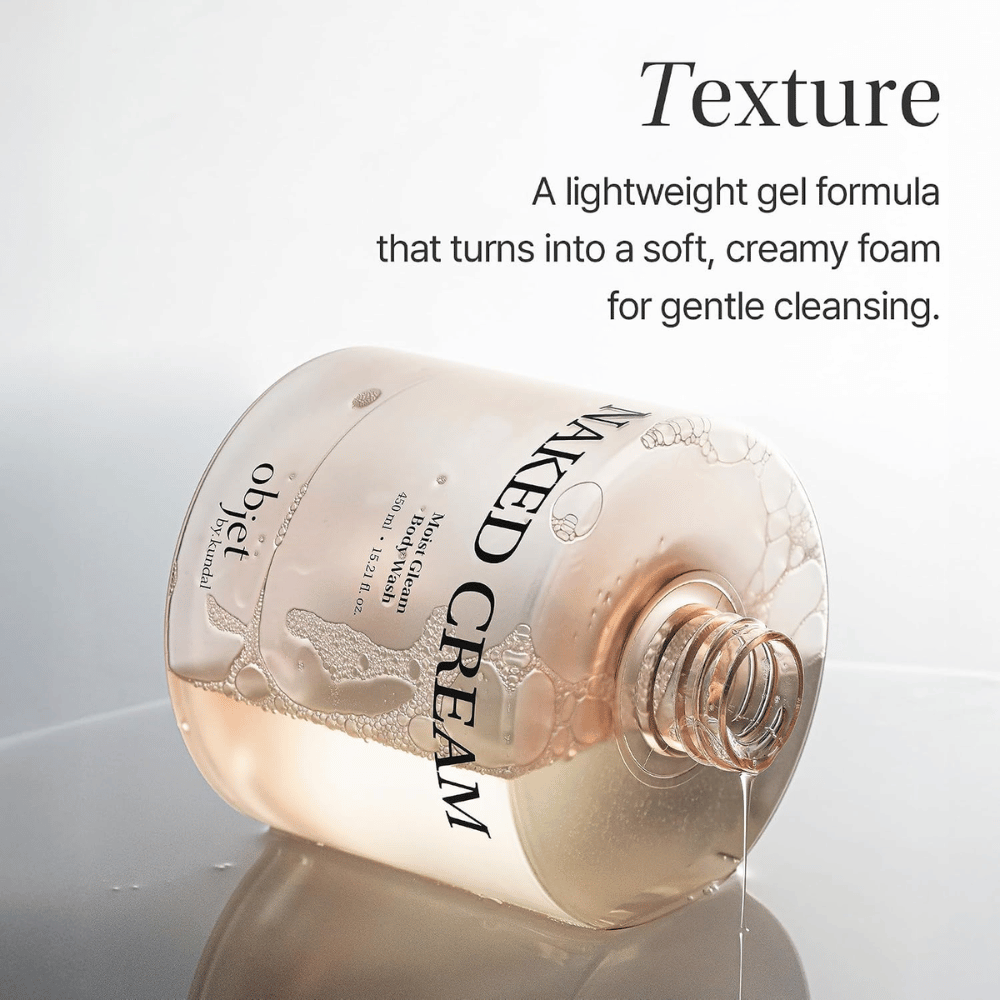 Objet by KUNDAL Moist Gleam Body Wash – lichte geltextuur die bij het reinigen verandert in een zacht, romig schuim.