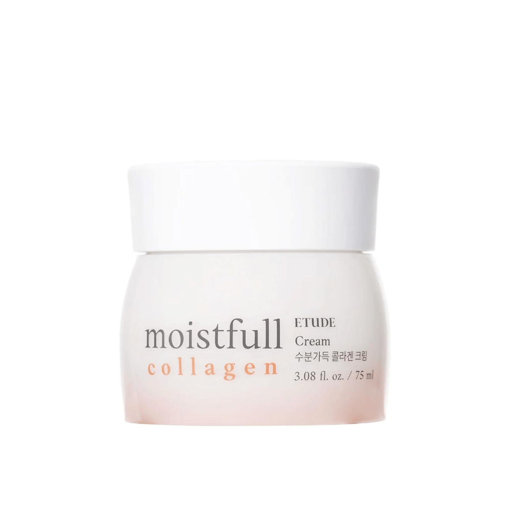 Een pot met "Moistfull Collagen Cream" van ETUDE, witte achtergrond.
