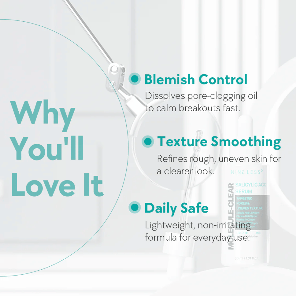 Voordelen van Nineless Molecule-Clear Salicylic Acid Serum: controleert puistjes door poriën op te lossen, egaliseert de textuur van de huid en is veilig voor dagelijks gebruik.