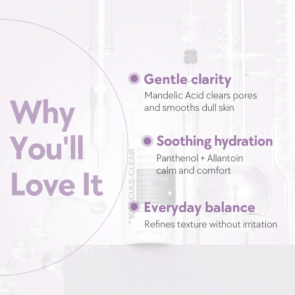 Grafiek met tekst die de voordelen van Nine Less Molecule-Clear 5% Mandelic Acid Serum uitlegt: milde helderheid, kalmerende hydratatie en dagelijkse balans voor de huid.