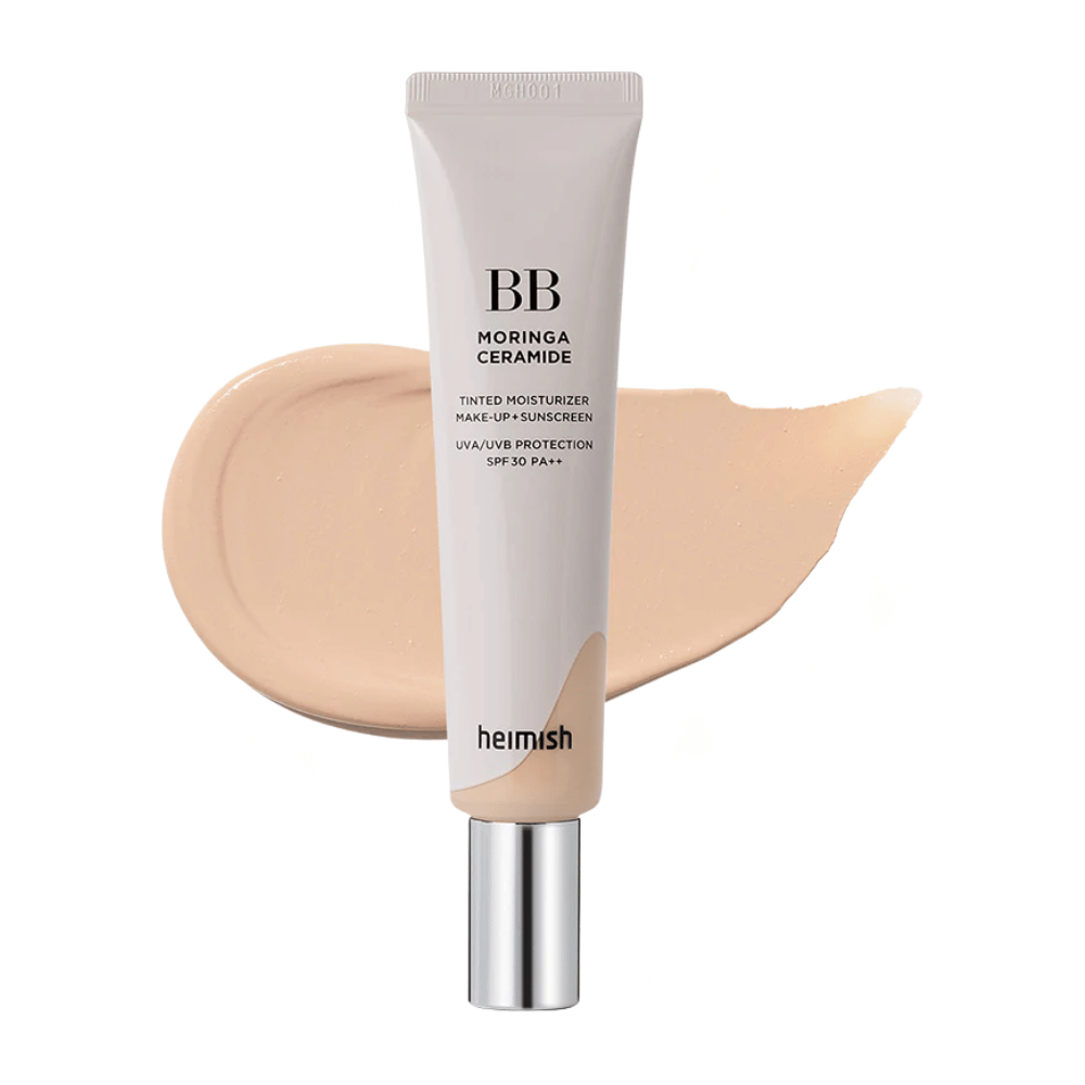Productafbeelding van Heimish Moringa Ceramide BB Cream voor een licht kleurstaal. De afbeelding focust op een lichtere tint en toont de zachte, natuurlijke finish die de BB-crème de huid geeft.
