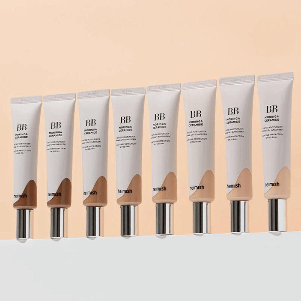 Rij van Heimish Moringa Ceramide BB Cream in meerdere kleurnuances. De afbeelding illustreert de variatie van lichtere tot donkerdere tinten om bij verschillende huidtinten en behoeften te passen.