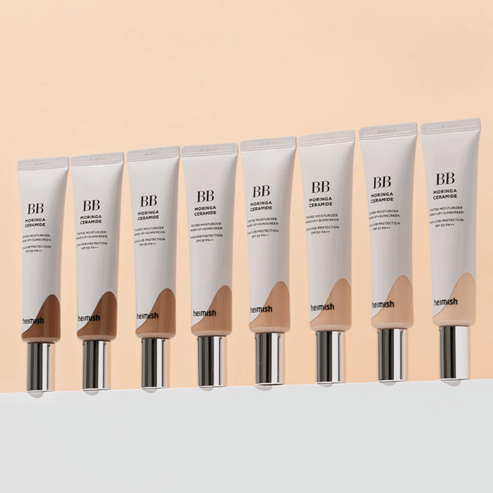 Rij van Heimish Moringa Ceramide BB Cream in meerdere kleurnuances. De afbeelding illustreert de variatie van lichtere tot donkerdere tinten om bij verschillende huidtinten en behoeften te passen.