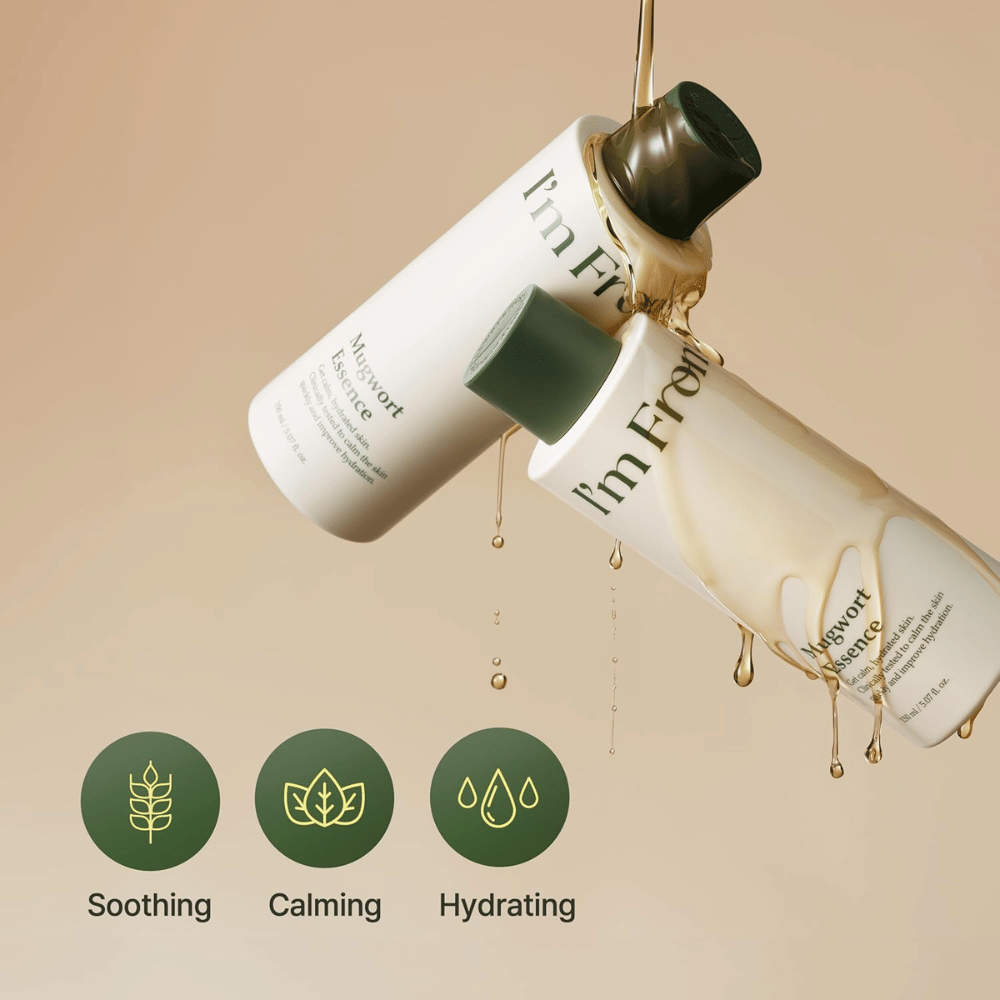 I'm From Mugwort Essence met mugwortextract dat de geïrriteerde huid kalmeert, intens hydrateert en helpt de huidbarrière te versterken.