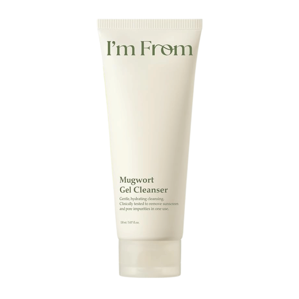 I'm From Mugwort Gel Cleanser 150 ml, milde en hydraterende gezichtsreiniger met mugwort in een lichtbeige tube tegen een witte achtergrond.