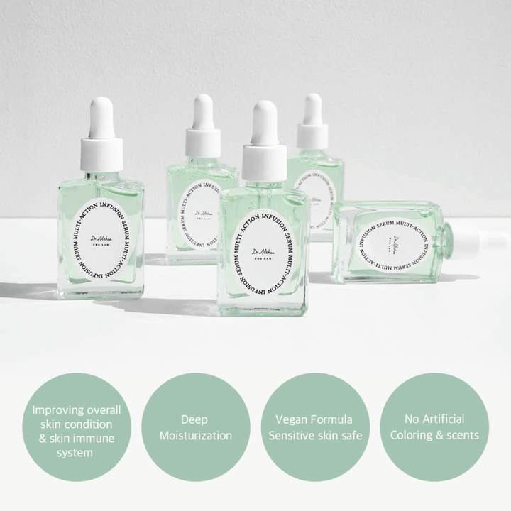 Dr. Althea Multi Action Infusion Serum dat de huidbarrière versterkt, diepe hydratatie biedt, geschikt is voor de gevoelige huid en natuurlijke glans geeft.