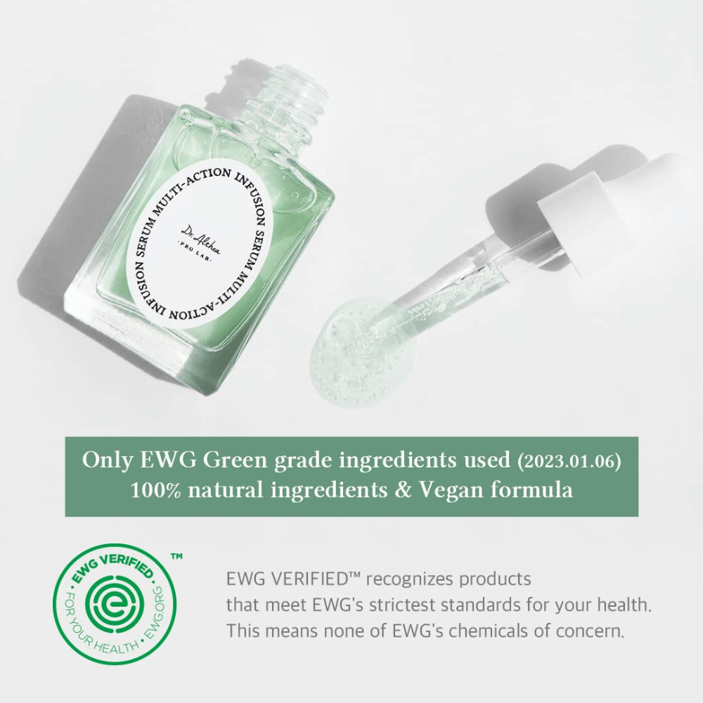 Dr. Althea Multi Action Infusion Serum met veganistische formule en EWG-gecertificeerde ingrediënten, zacht voor de gevoelige huid en zonder schadelijke stoffen.