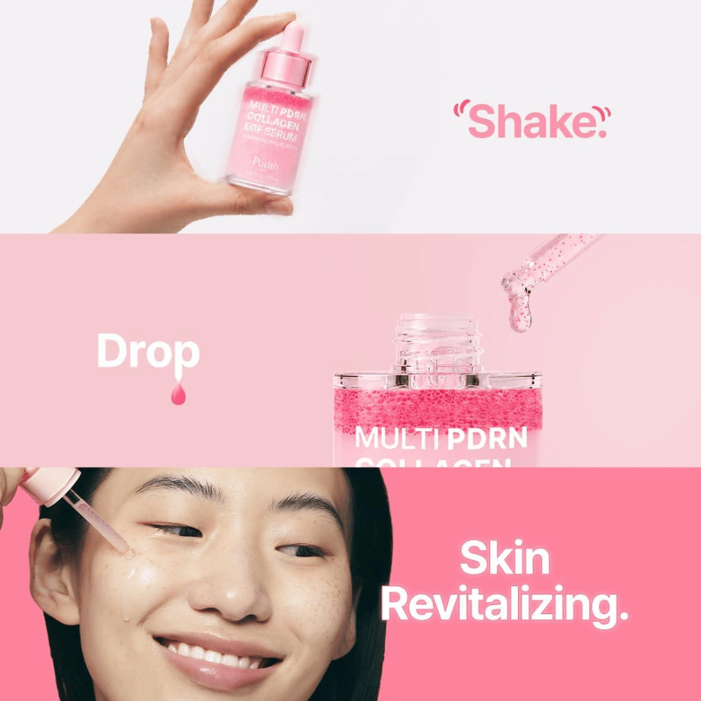 Purito Multi PDRN Collagen EGF Serum – aanbrengen van het roze serum voor gehydrateerde en gerevitaliseerde huid.