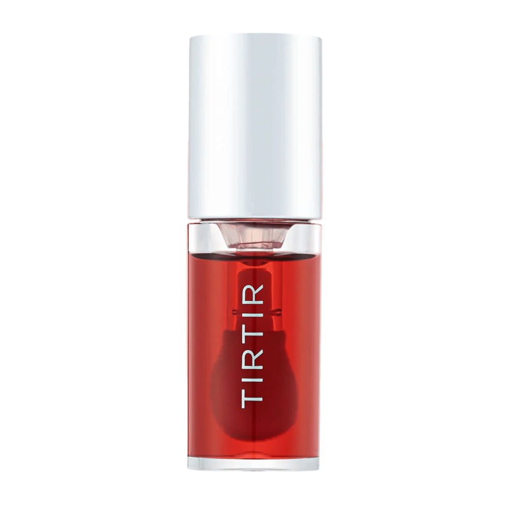 TIRTIR My Glow Lip Oil in transparante rode tint met zilveren dop, recht van voren getoond tegen een witte achtergrond.