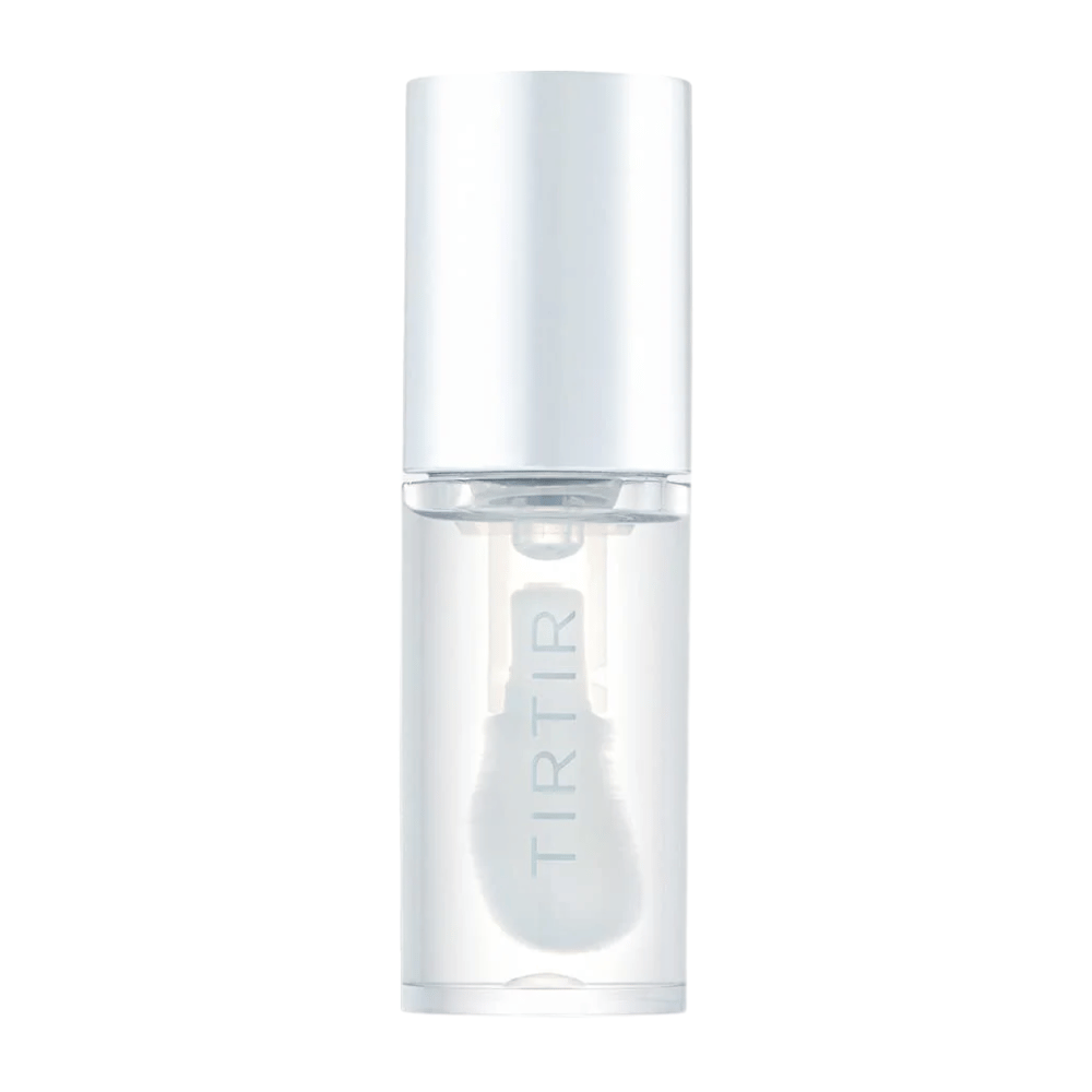TIRTIR My Glow Lip Oil in een transparante fles met witte dop en minimalistisch design, vrijstaand tegen een witte achtergrond.
