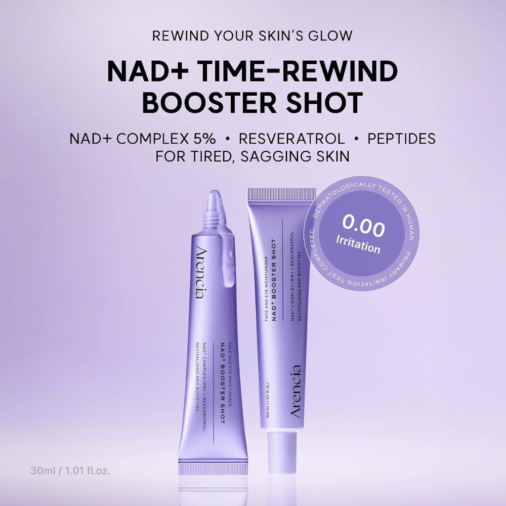 Arencia NAD+ Booster Shot met 5% NAD+ Complex, resveratrol en peptiden – dermatologisch geteste gezichtscrème voor vermoeide en rijpe huid.