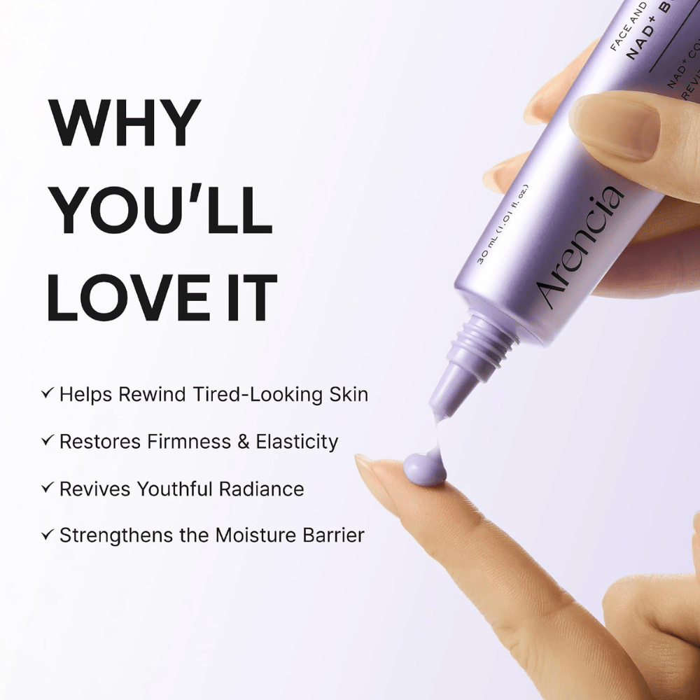 Arencia NAD+ Booster Shot 30 ml – verzorgende gezichtscrème die de huidbarrière versterkt en stevigheid, elasticiteit en glans geeft.