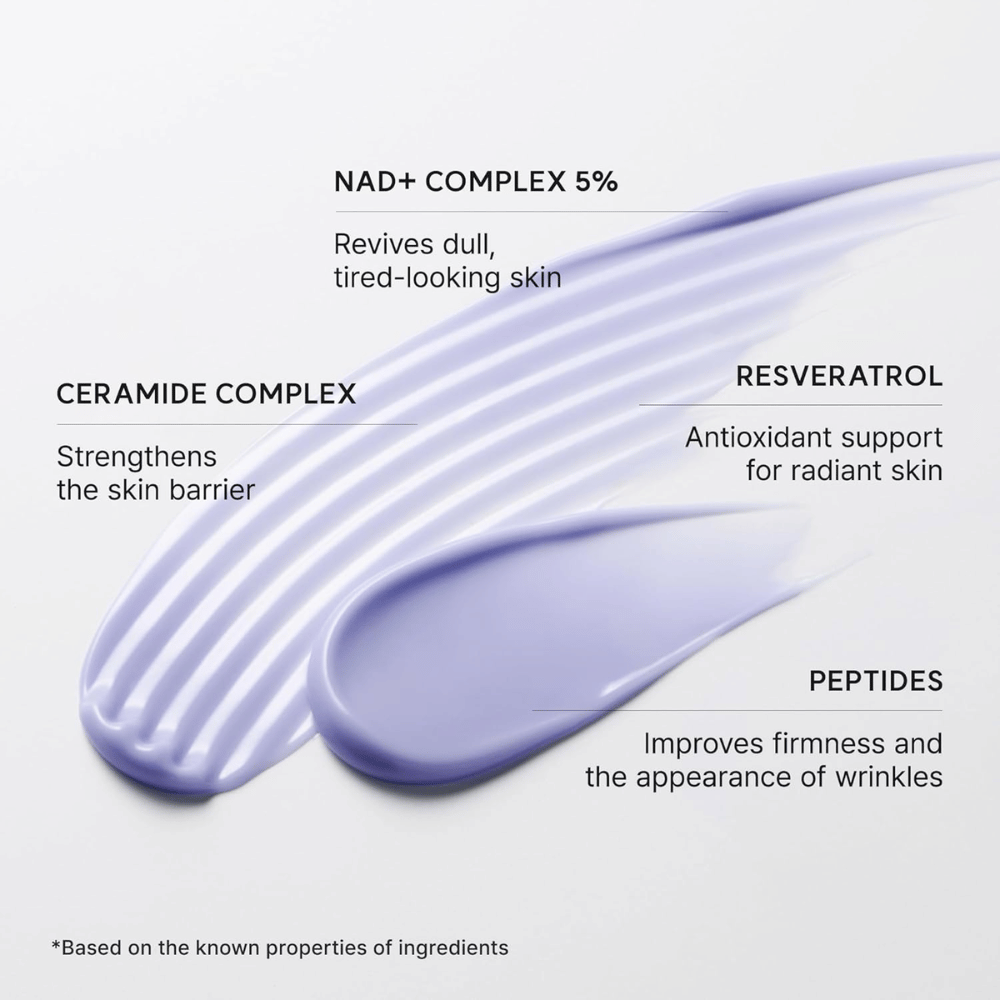 Arencia NAD+ Booster Shot met 5% NAD+ Complex, ceramidecomplex, resveratrol en peptiden voor glans, stevigheid en huidbarrière.