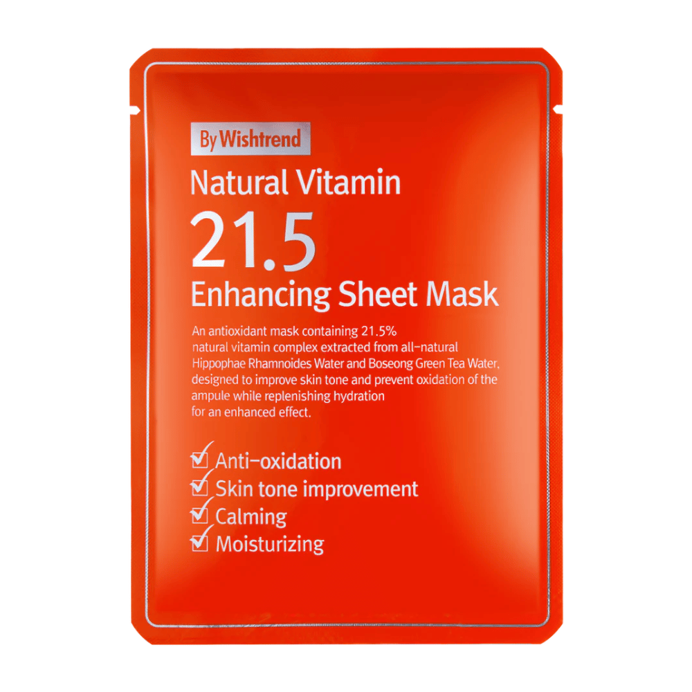By Wishtrend Natural Vitamin 21.5% Enhancing Sheet mask in een rode verpakking met witte tekst, die de antioxidatieve en hydraterende eigenschappen benadrukt.
