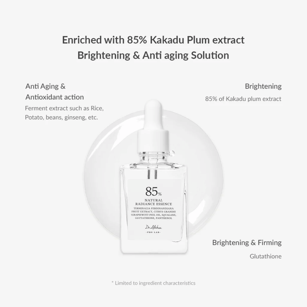 Dr. Althea Natural Radiance Essence met Kakadu Plum en antioxidanten die de huidelasticiteit verbeteren, pigmentatie verminderen en de huid steviger maken.