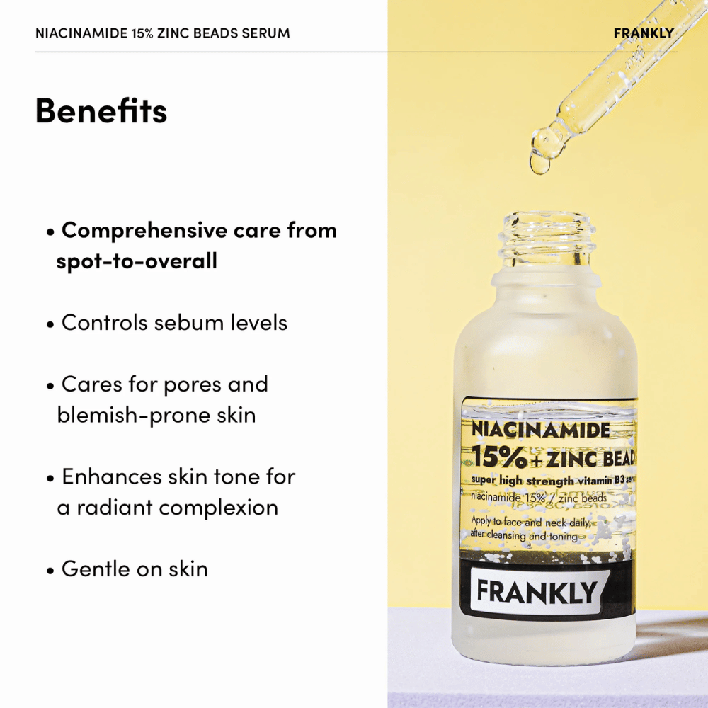 Fles met FRANKLY Niacinamide 15% + Zinc Beads Serum op gele achtergrond. Tekst vermeldt Voordelen: balanceert talg, vermindert poriën en egaliseert de huidtint.