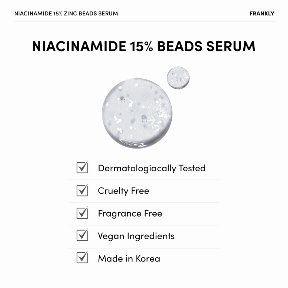 Heldere gel met witte parels in FRANKLY Niacinamide 15% + Zinc Beads Serum. Tekst toont dat het product veganistisch, parfumvrij en dermatologisch getest is.