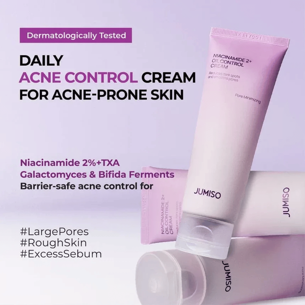 Marketingafbeelding van JUMISO Niacinamide 2+ Oil Control Cream met focus op dagelijkse verzorging voor acnegevoelige huid. De tekst beschrijft ingrediënten zoals niacinamide, tranexaminezuur, galactomyces en bifida-ferment die helpen talg te controleren en de huidbarrière te versterken.