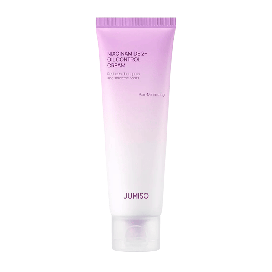 Productafbeelding van JUMISO Niacinamide 2+ Oil Control Cream op een lichte achtergrond. De roze en witte tube benadrukt de focus van het product op talgcontrole, porieverfijning en een verbeterde huidtoon voor de vette en gecombineerde huid.