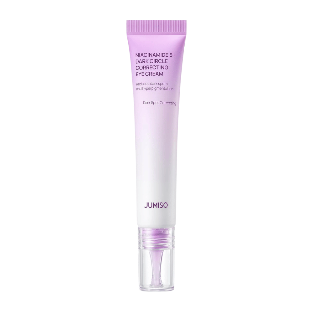 5. Jumiso Niacinamide 5+ Dark Circle Correcting Eye Cream – paarse en witte tube met transparante applicator tegen een witte achtergrond
