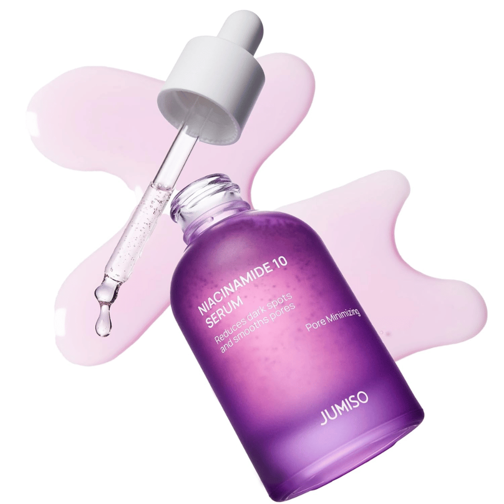 Jumiso Niacinamide 10 Serum met pipet. Het serum bevat 10% niacinamide dat donkere vlekken vermindert, talg balanceert en poriën verfijnt.