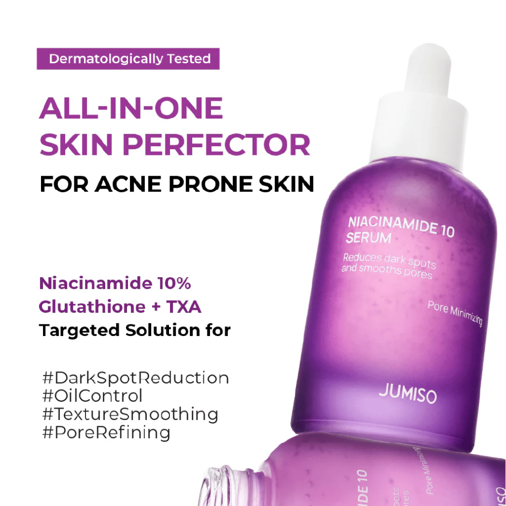 Jumiso Niacinamide 10 Serum – een alles-in-één serum voor acnegevoelige huid met 10% niacinamide, glutathion en TXA die donkere vlekken en poriën verminderen.