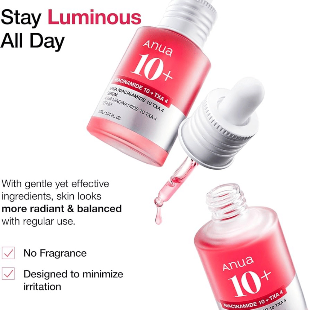 Hoogwaardig serum met 10% niacinamide en 4% tranexaminezuur voor een egalere, stralende huidtint. Parfumvrije formule die irritatie minimaliseert en de huid in balans brengt.