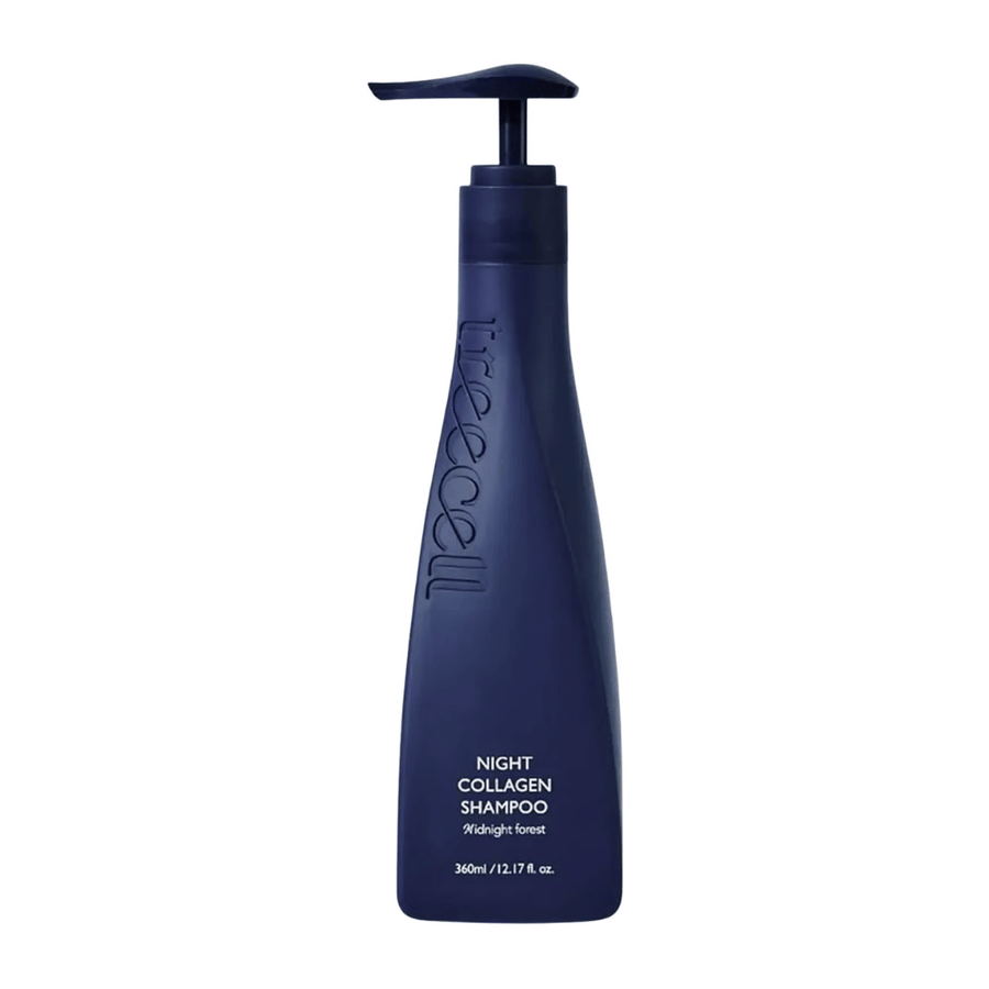 Strakke vrijstaande productafbeelding van Treecell Night Collagen Shampoo Midnight Forest tegen een lichte achtergrond met focus op minimalistisch design en een premiumgevoel.