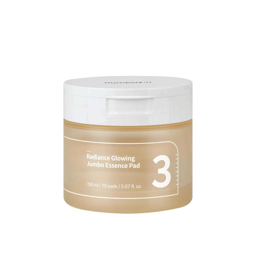 Productafbeelding van gesloten pot met numbuzin No. 3 Radiance Glowing Jumbo Essence Pad, 150 ml / 70 pads.