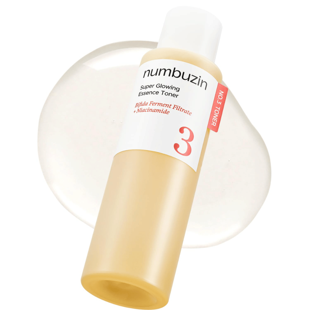 Productafbeelding van Numbuzin No.3 Super Glowing Essence Toner met lichte, heldere formule die natuurlijke glans geeft.