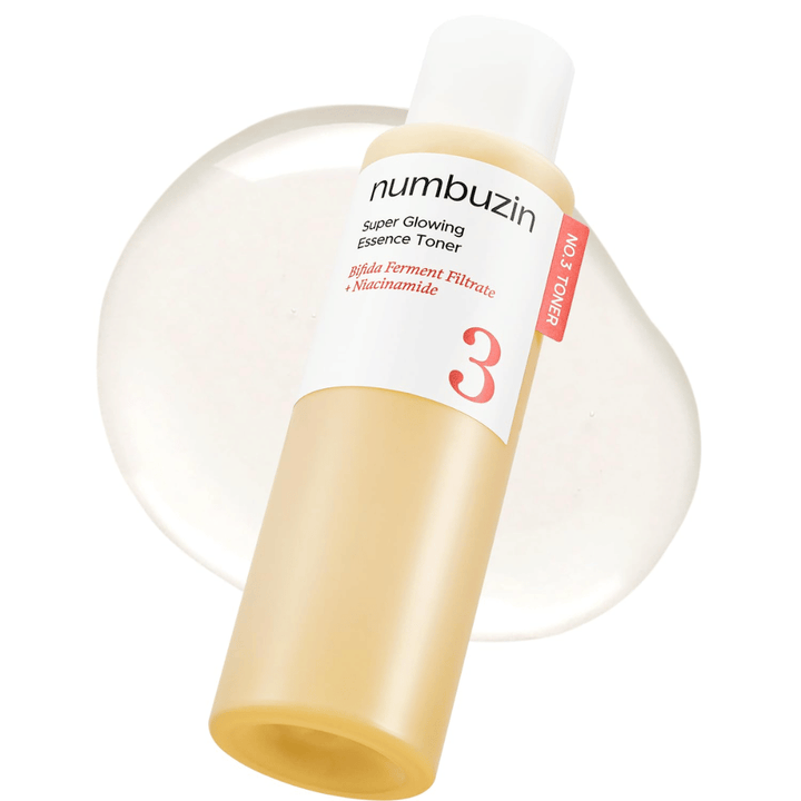 Productafbeelding van Numbuzin No.3 Super Glowing Essence Toner met lichte, heldere formule die natuurlijke glans geeft.