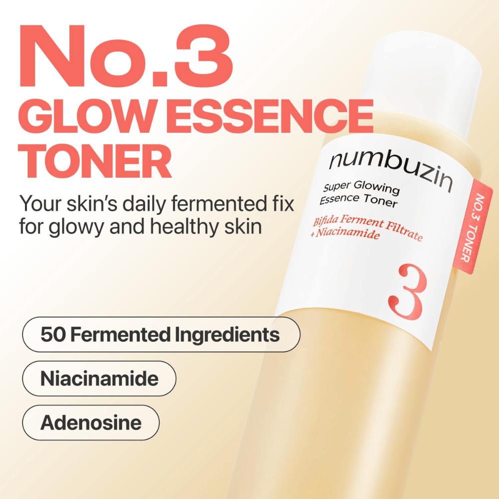 Numbuzin No.3 Glow Essence Toner – dagelijkse gefermenteerde essence voor een gezonde, gehydrateerde en stralende huid.