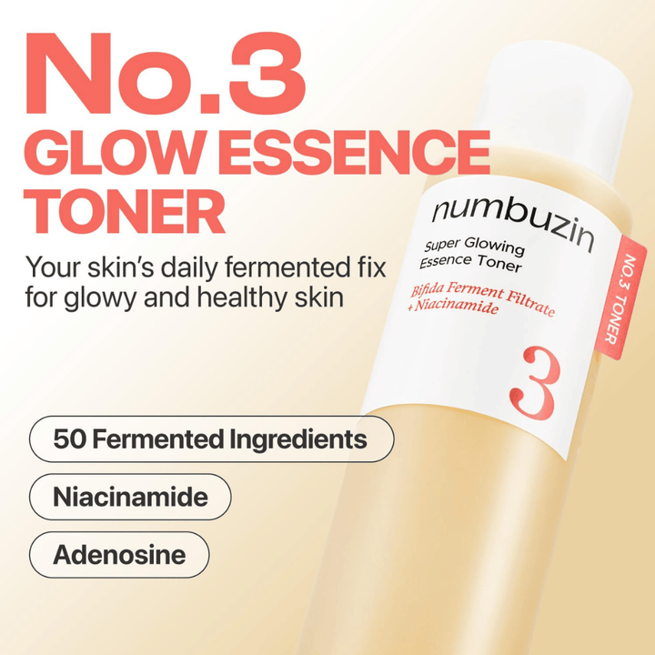 Numbuzin No.3 Glow Essence Toner – dagelijkse gefermenteerde essence voor een gezonde, gehydrateerde en stralende huid.