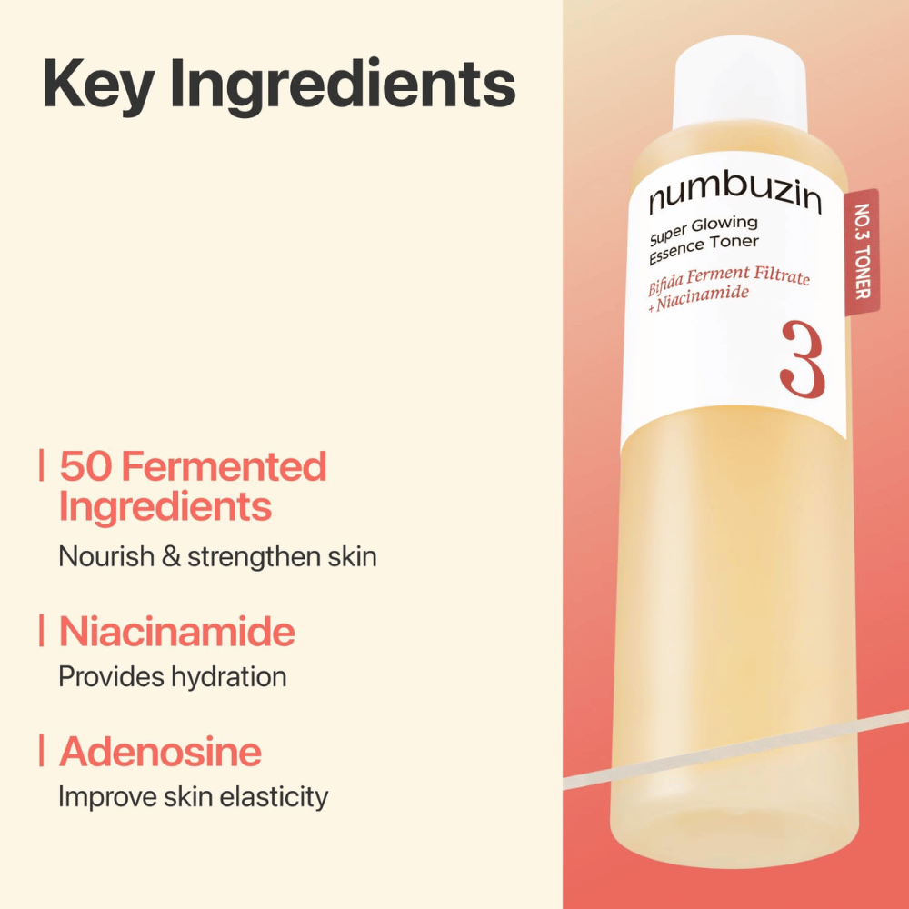 Numbuzin No.3 Toner bevat 50 gefermenteerde ingrediënten, niacinamide en adenosine die de huid versterken en hydrateren.
