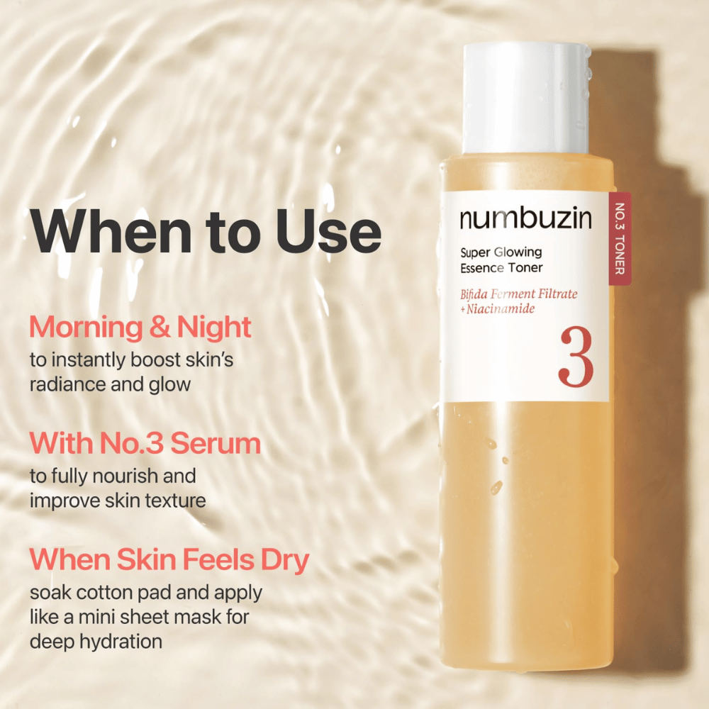 Gebruik van Numbuzin No.3 Toner – ochtend, avond of bij droogte om de huid glans en diepe hydratatie te geven.