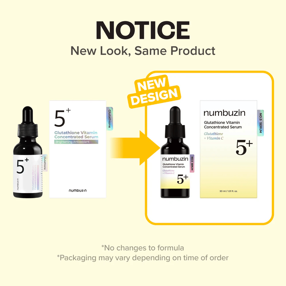numbuzin No.5+ Glutathione Vitamin Concentrated Serum in nieuw verpakkingsdesign – dezelfde formule voor glow en een egalere huidteint.