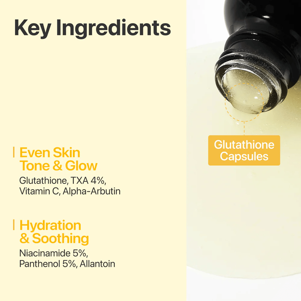 numbuzin No.5+ Glutathione Vitamin Concentrated Serum met glutathion, 4% tranexaminezuur, vitamine C, alfa-arbutine, niacinamide en panthenol.