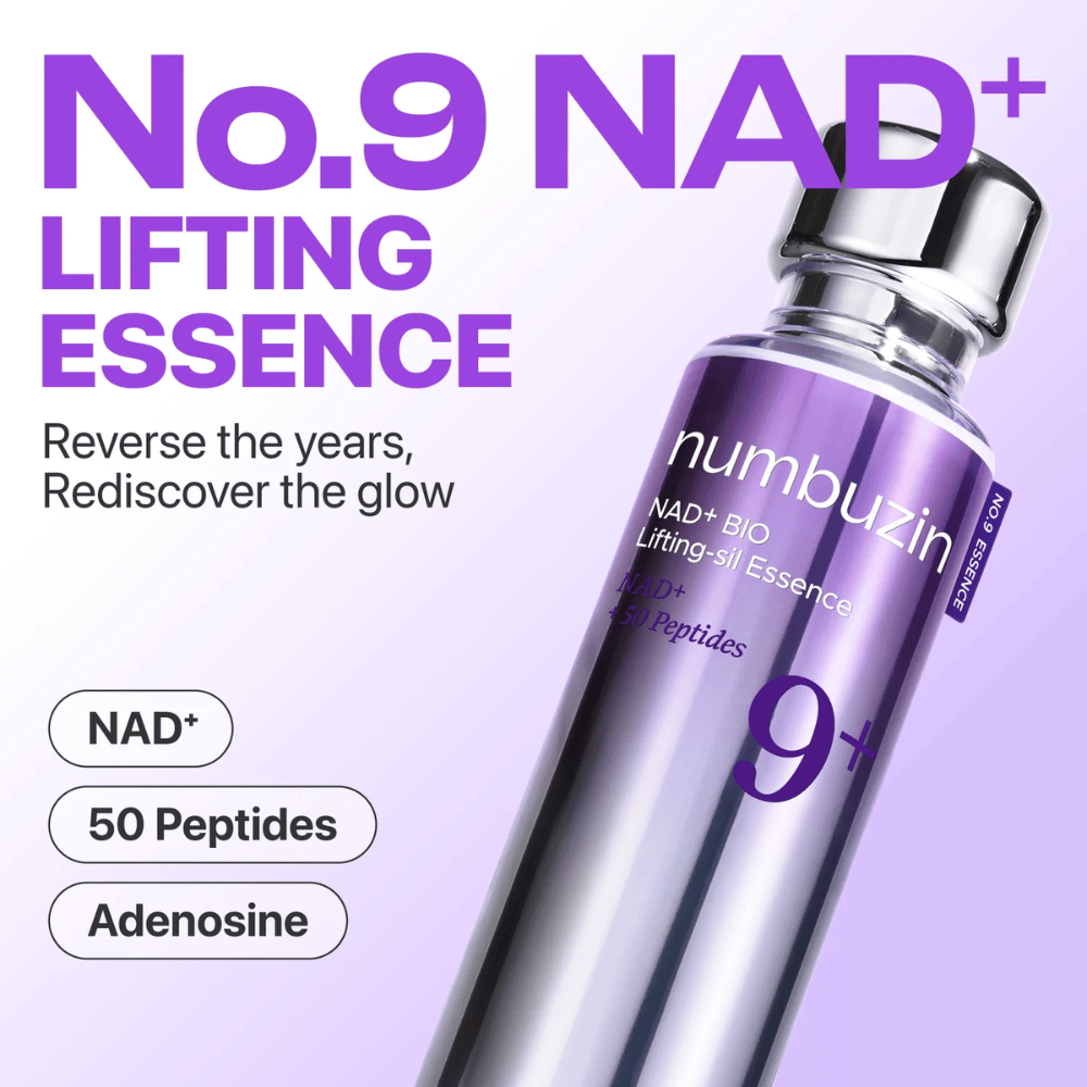 Numbuzin No.9 NAD+ Lifting Essence – krachtige essence met NAD+, peptiden en adenosine die de glans en stevigheid van de huid herstelt.
