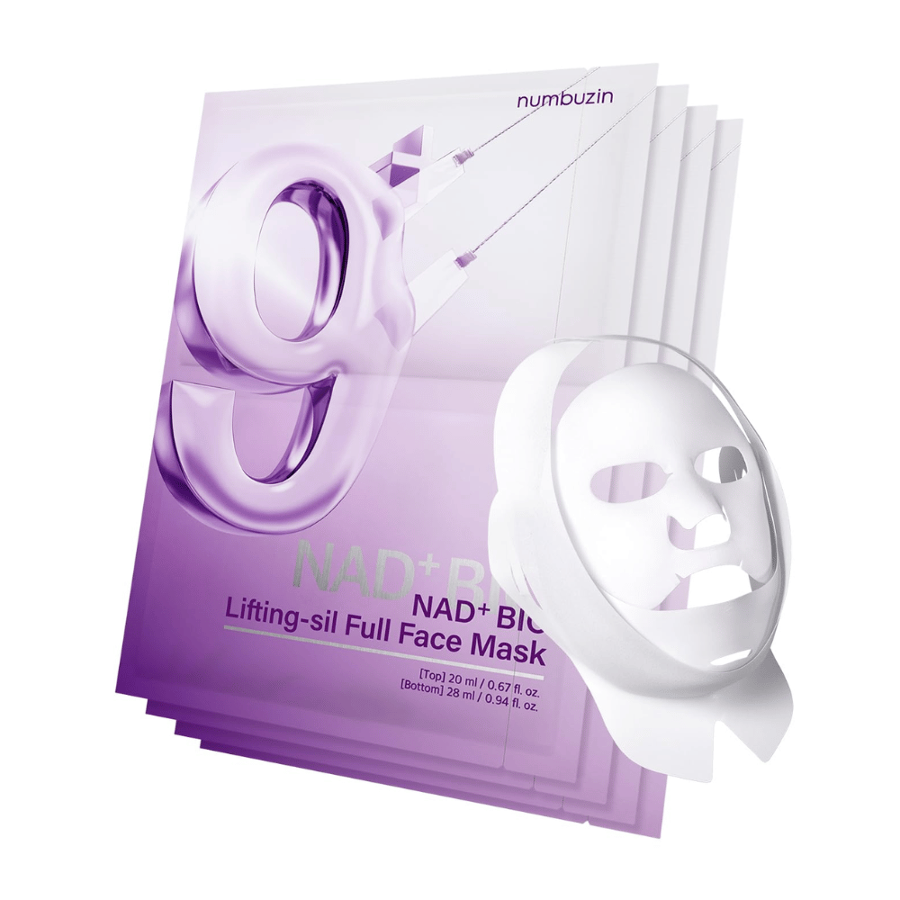 Verpakking met gezichtsmaskers van No.9 NAD Bio Lifting-sil, inclusief volledig gezichtsmasker in transparant materiaal en de verpakking die het gebruik van het product voor facelift toont.